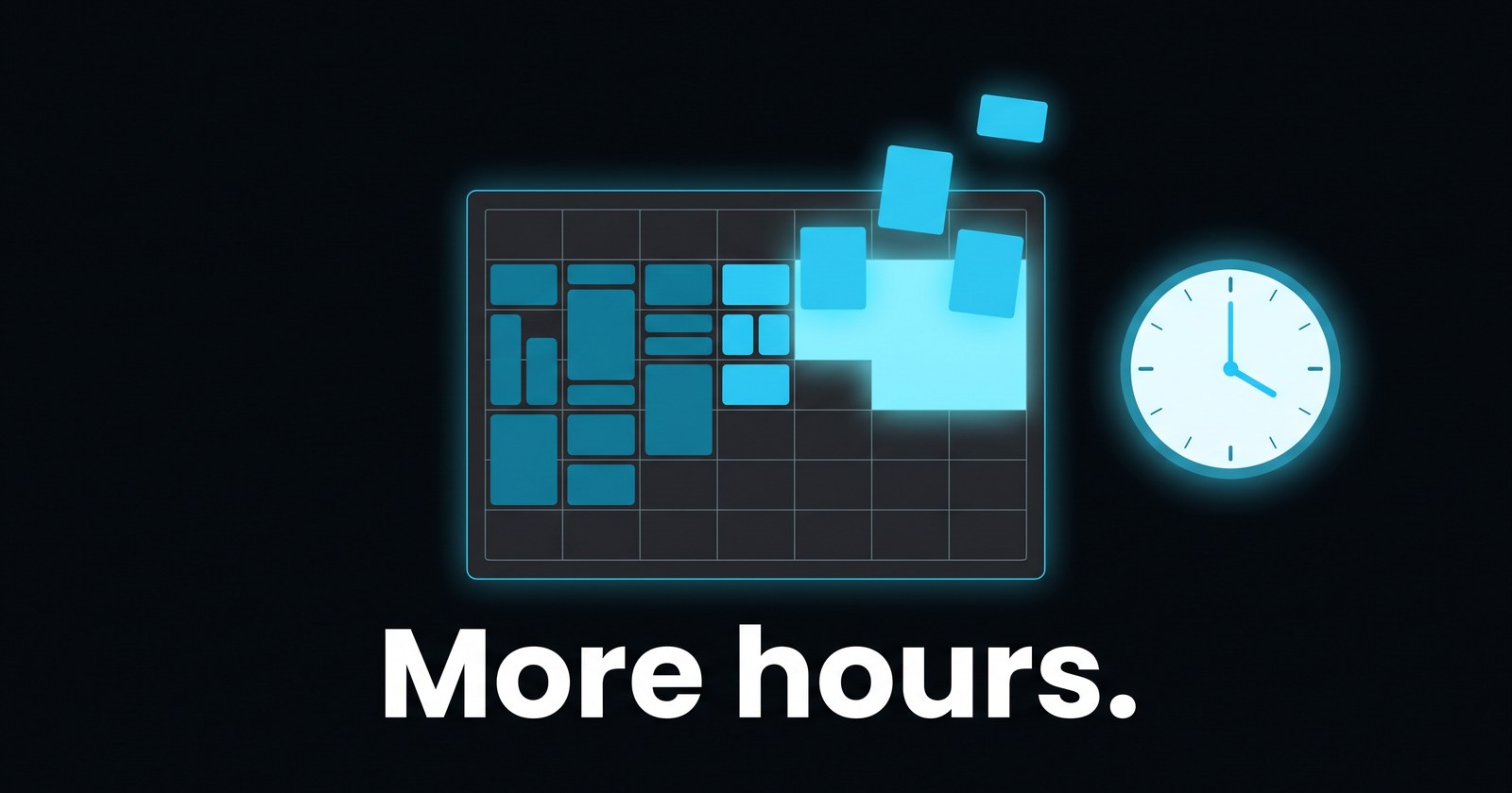 A weekly planner with several busy blocks cleared into open space, next to a clock.