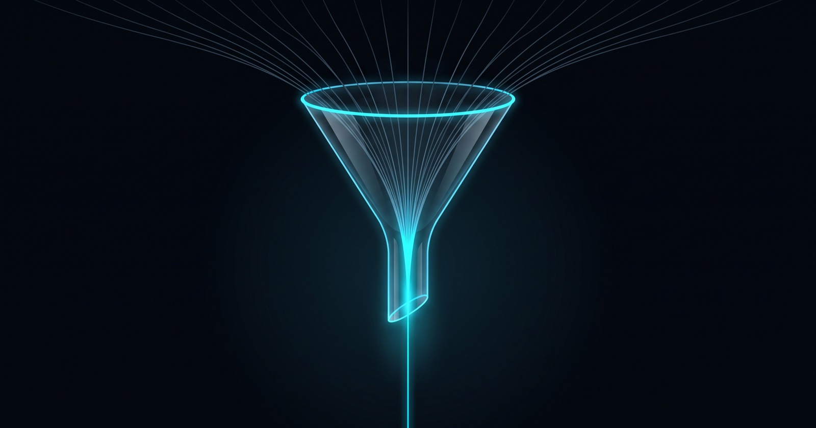 A single glowing funnel narrowing to one bright thread, representing every task in a business passing through one bottleneck.