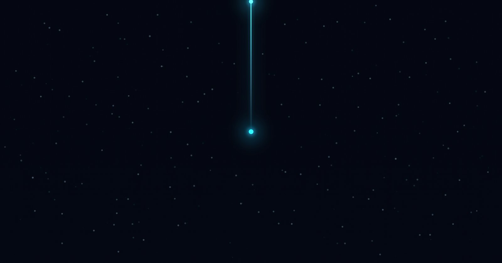 A dark field of many small dim points of light with one point near the center glowing bright cyan, a single thread of light rising straight from it to the top of the frame.