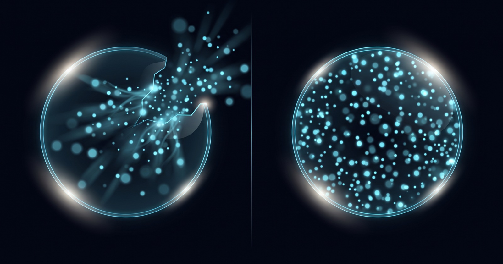 Side-by-side glowing cyan orbs on a dark background: the left orb is cracked open with light particles spilling out, the right orb is fully sealed with the same light held inside.